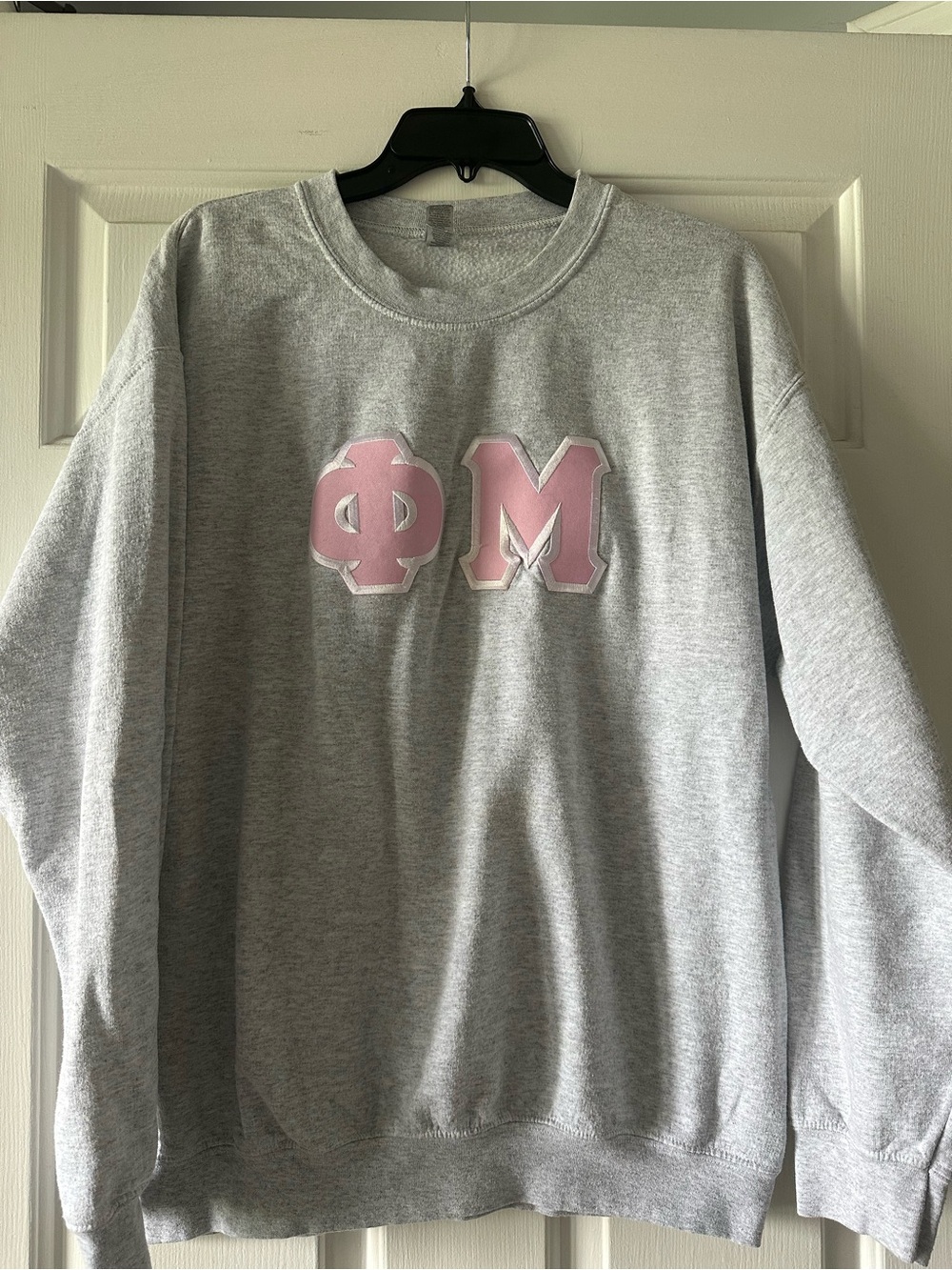 Gildan Gray Crewneck with Pink Phi Mu Letters